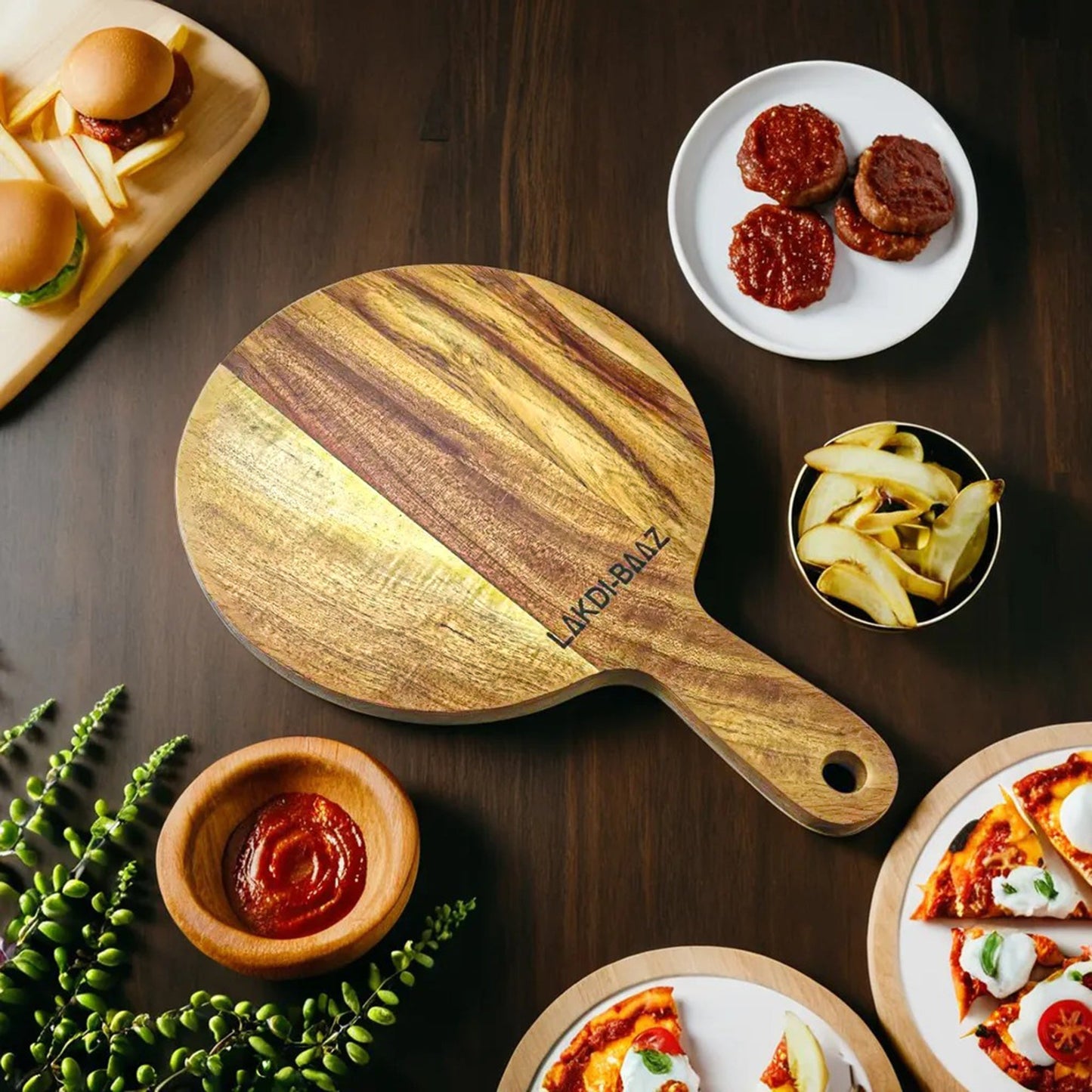Buy Lakdi-Baaz| Premium Wooden Platter Round Cutting Board Serving Board Chopping Board Small(19 X 29 CM)