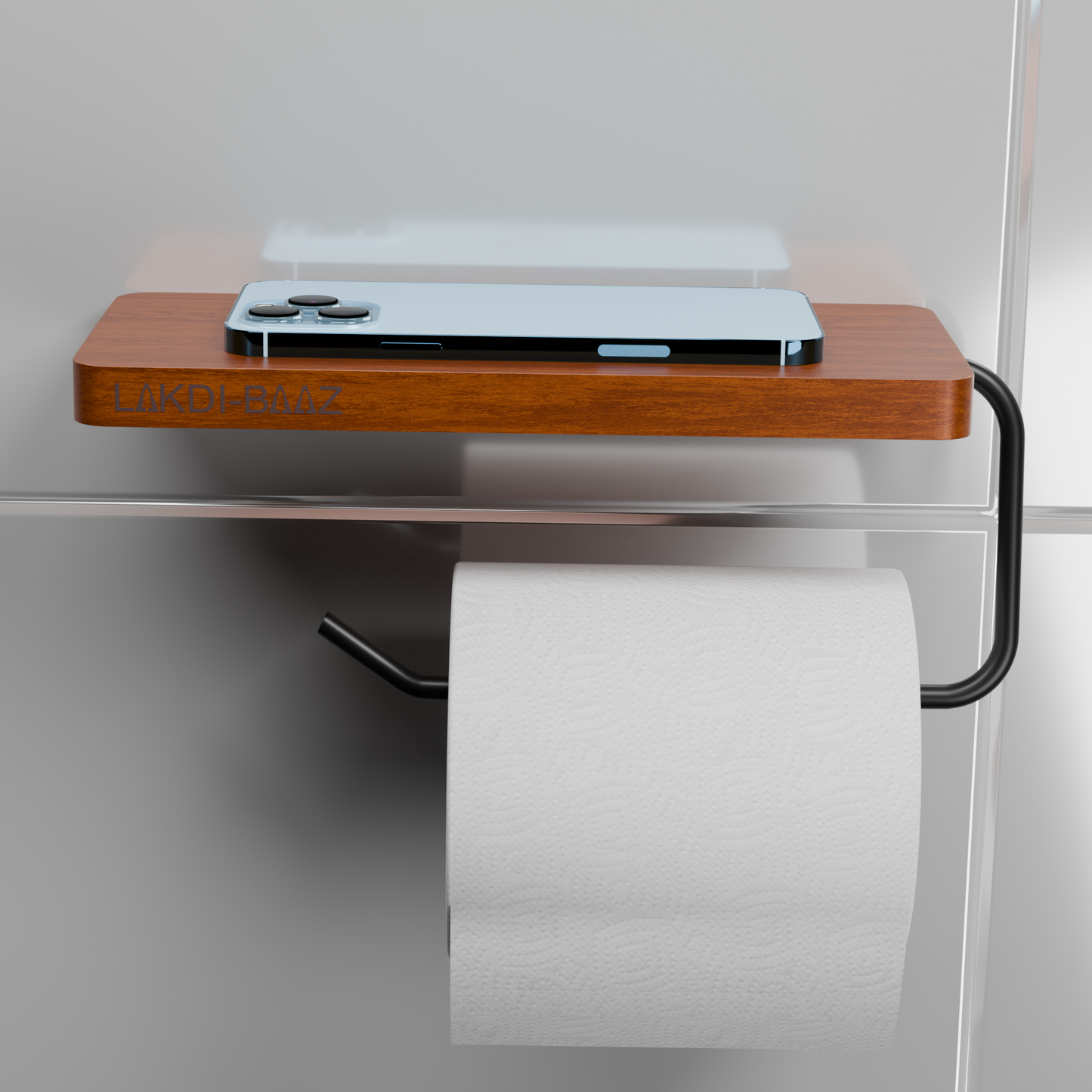 Buy Lakdibaaz | Wooden Toilet Paper Holder with Phone Shelf Wall Mounted Bathroom Tissue Roll Holder for Smartphone metals Matt Black Finish stand