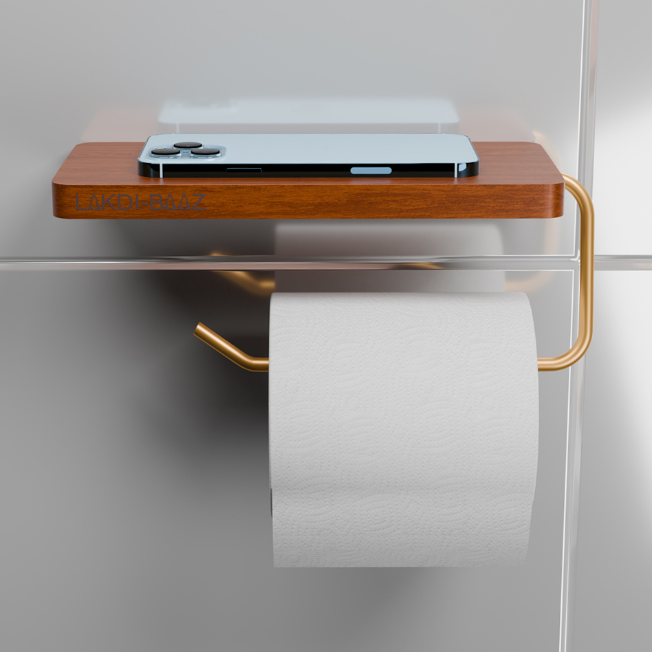 Buy Lakdibaaz | Wooden Toilet Paper Holder with Phone Shelf Wall Mounted Bathroom Tissue Roll Holder for Smartphone metals Gold Finish stand