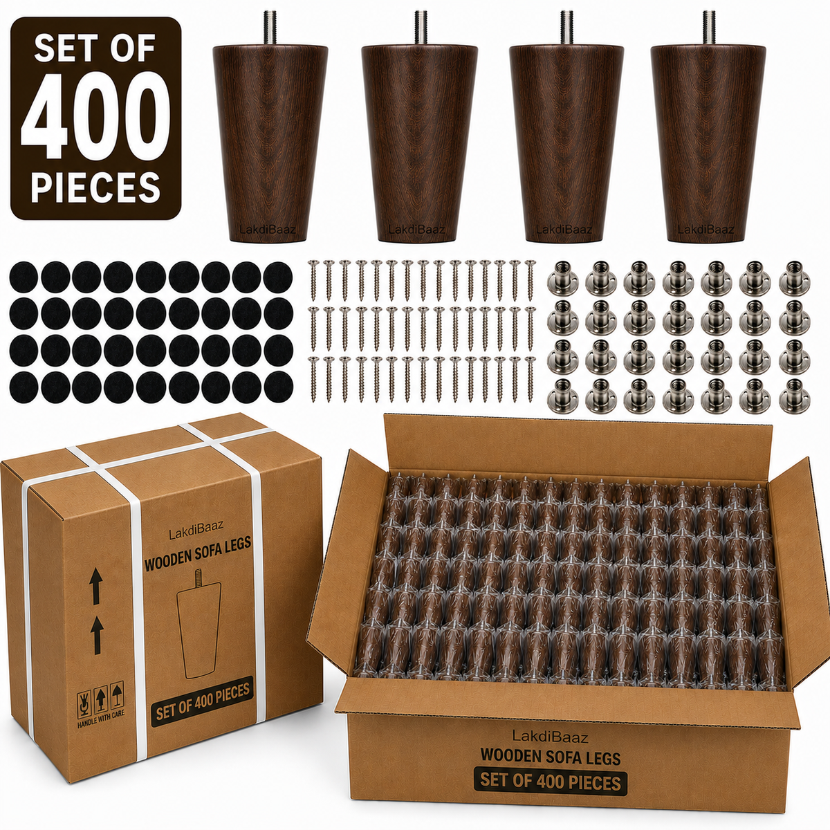 LakdiBaaz Wooden Sofa Legs, Wooden Couch Legs, Furniture Legs & Furniture Feet, Sofa Replacement Legs, Couch Replacement Feet, 3 Inch Walnut Color Wooden Legs with M8 Bolt & Mounting Plate, Set of 50 Pieces