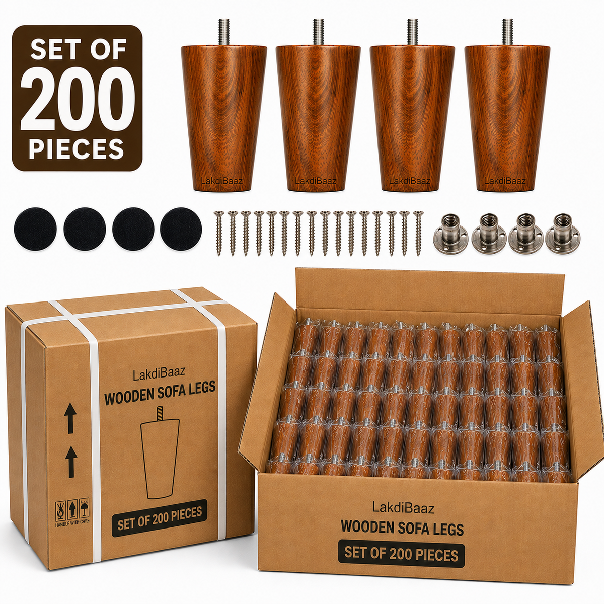 LakdiBaaz Wooden Sofa Legs, Wooden Couch Legs, Furniture Legs & Furniture Feet, Sofa Replacement Legs, Couch Replacement Feet, 3 Inch Teak Color Wooden Legs with M8 Bolt & Mounting Plate, Set of 50 Pieces