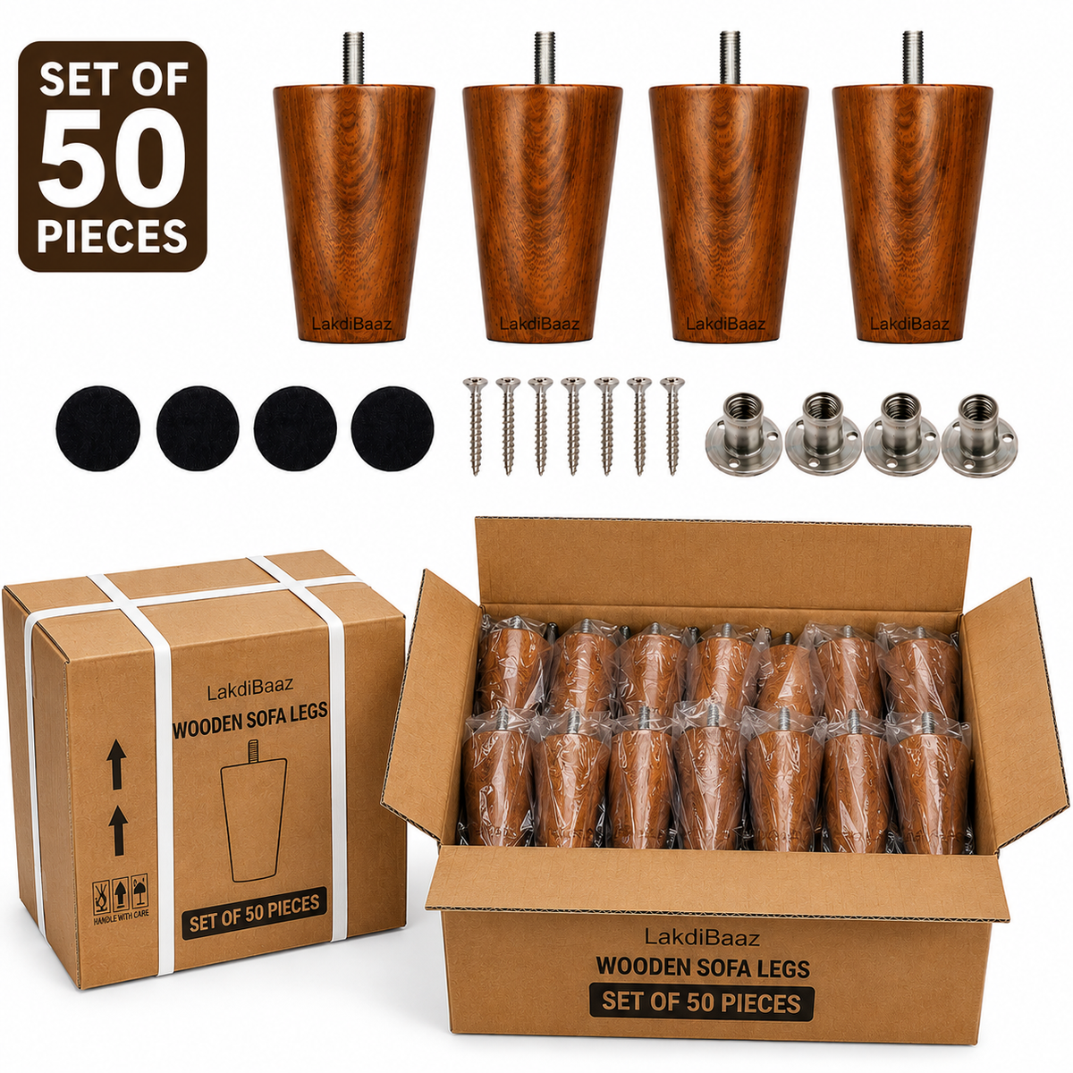 LakdiBaaz Wooden Sofa Legs, Wooden Couch Legs, Furniture Legs & Furniture Feet, Sofa Replacement Legs, Couch Replacement Feet, 3 Inch Teak Color Wooden Legs with M8 Bolt & Mounting Plate, Set of 50 Pieces