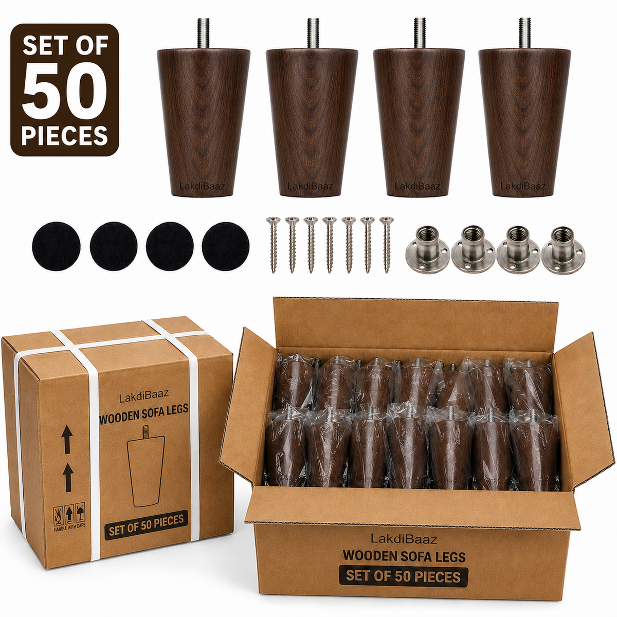 LakdiBaaz Wooden Sofa Legs, Wooden Couch Legs, Furniture Legs & Furniture Feet, Sofa Replacement Legs, Couch Replacement Feet, 3 Inch Walnut Color Wooden Legs with M8 Bolt & Mounting Plate, Set of 50 Pieces