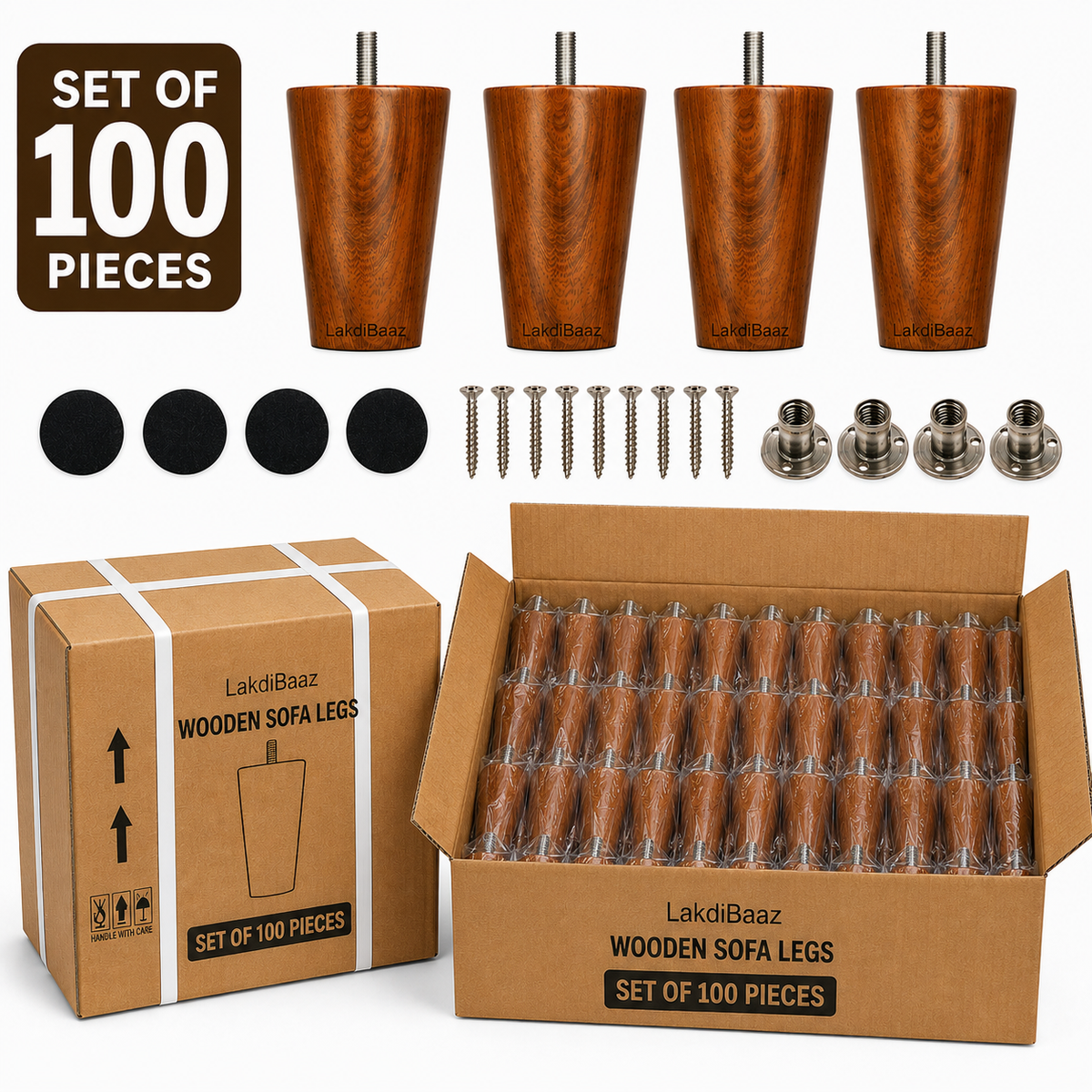 LakdiBaaz Wooden Sofa Legs, Wooden Couch Legs, Furniture Legs & Furniture Feet, Sofa Replacement Legs, Couch Replacement Feet, 3 Inch Teak Color Wooden Legs with M8 Bolt & Mounting Plate, Set of 50 Pieces