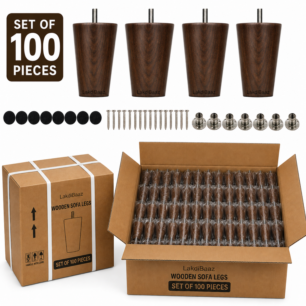 LakdiBaaz Wooden Sofa Legs, Wooden Couch Legs, Furniture Legs & Furniture Feet, Sofa Replacement Legs, Couch Replacement Feet, 3 Inch Walnut Color Wooden Legs with M8 Bolt & Mounting Plate, Set of 50 Pieces