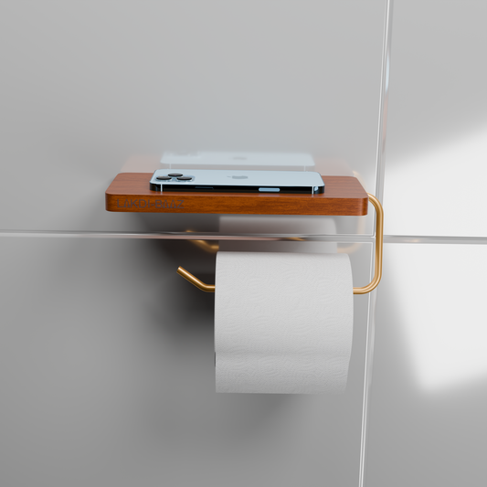 Buy Lakdibaaz | Wooden Toilet Paper Holder with Phone Shelf Wall Mounted Bathroom Tissue Roll Holder for Smartphone metals Gold Finish stand