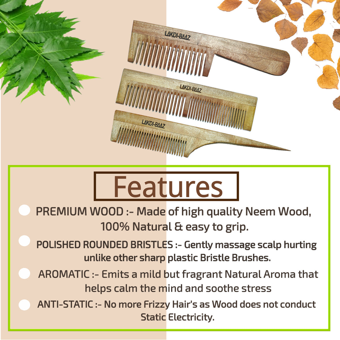 Buy LakdiBaaz Neem Wood Comb Tail Comb Wide & Narrow Comb Handle Wooden Comb for Hair Growth Comb hair Kangha for Men and Women Set of 3