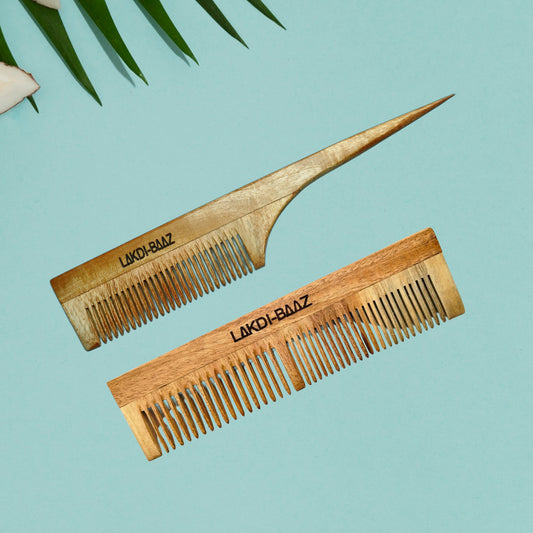 Buy LakdiBaaz Neem Wood Comb Tail Comb and Wide Wooden Comb for Hair Growth Comb Hair Kangha for Men and Women Pair of 2