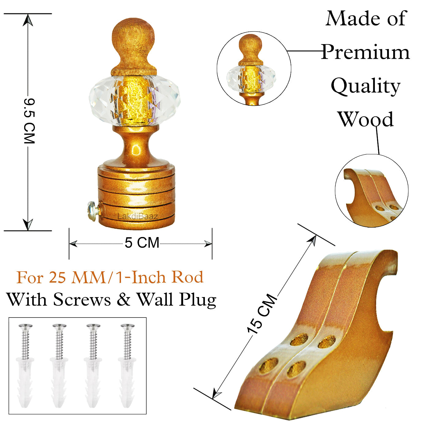 Buy Crystal Gold Paras Wooden Curtain Bracket Finials with Gold Support